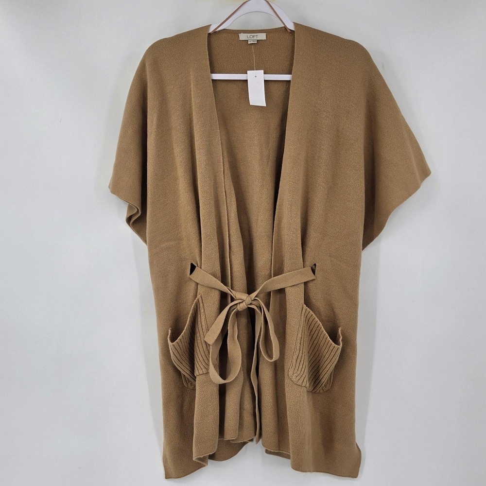 LOFT Sweater Womens M/L Beige Knit Belted Open Front Short Sleeve Cardigan Camel - Picture 2 of 7